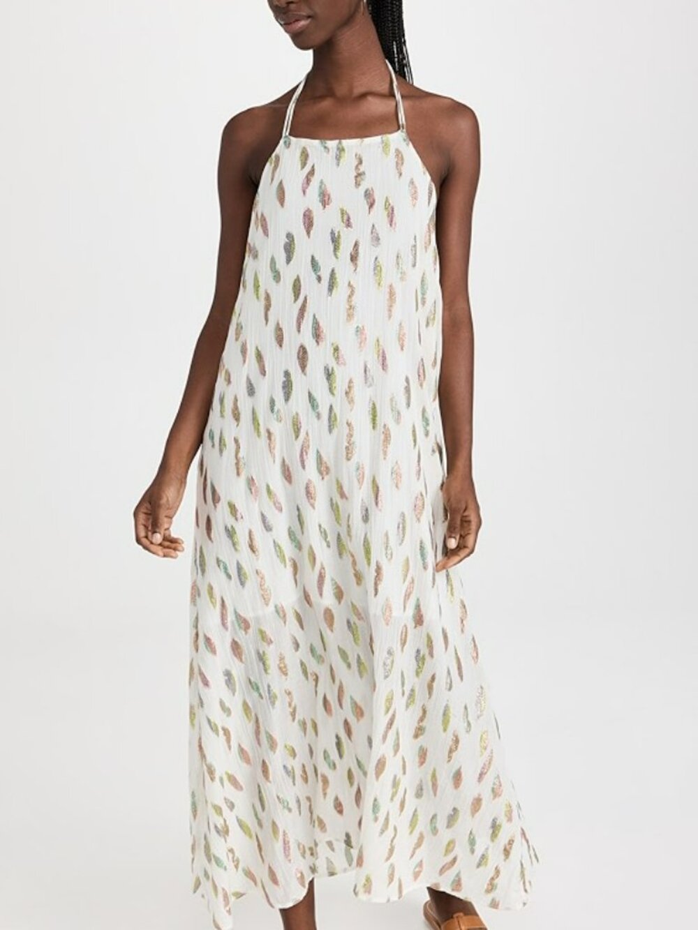PQ Swim Chantel Dress Metallic Leaf Halter Open Back Crinkle Chiffon M/L
